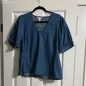 Draper James Denim Material Short Sleeve Ruffle V Neck Blouse Size Large